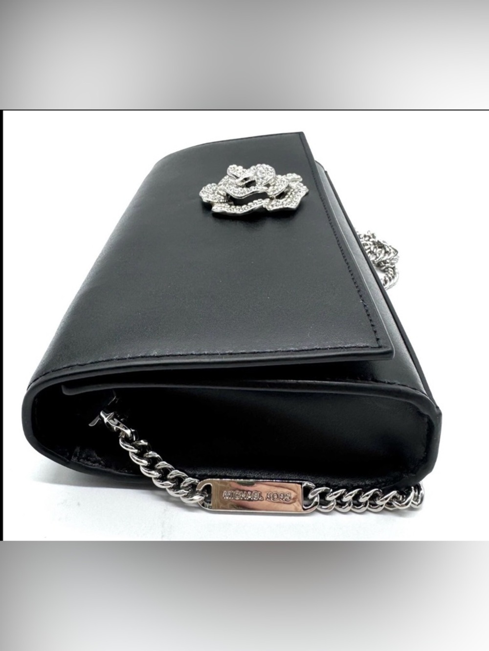 Michael Kors Bellamie Black Leather Crystal Flower Evening Clutch Bag - Picture 3 of 10
